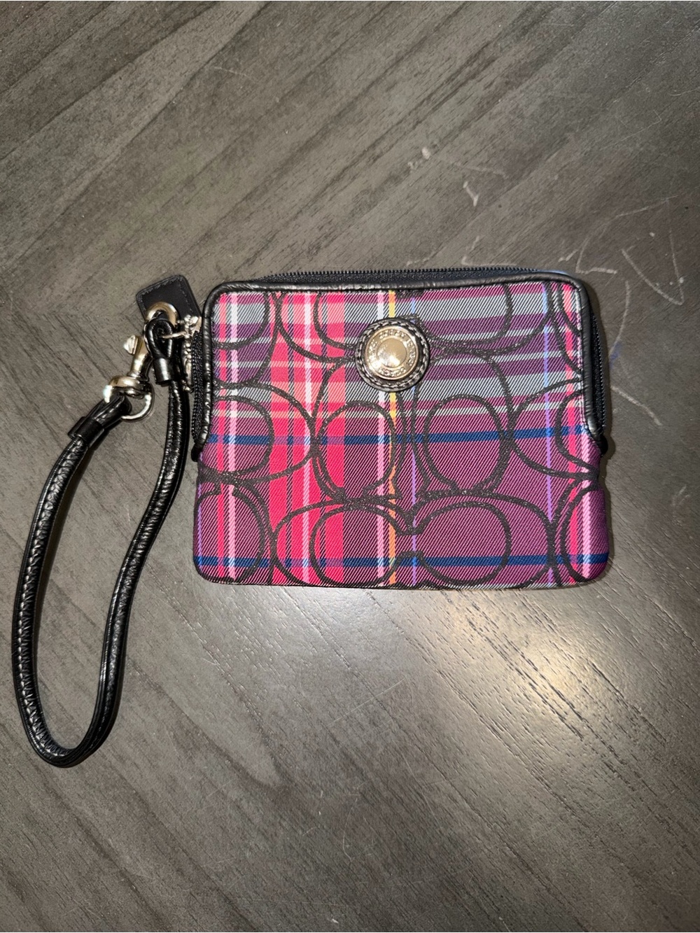 Coach Pink Plaid Signature Wristlet with Black Strap